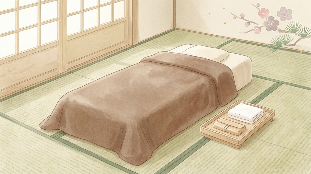 施術レポートのイラスト（和室の施術ベッド）