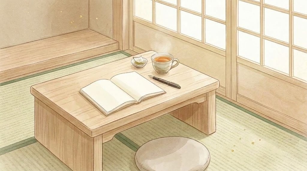院長日記のイラスト(文机の日記帳と万年筆)