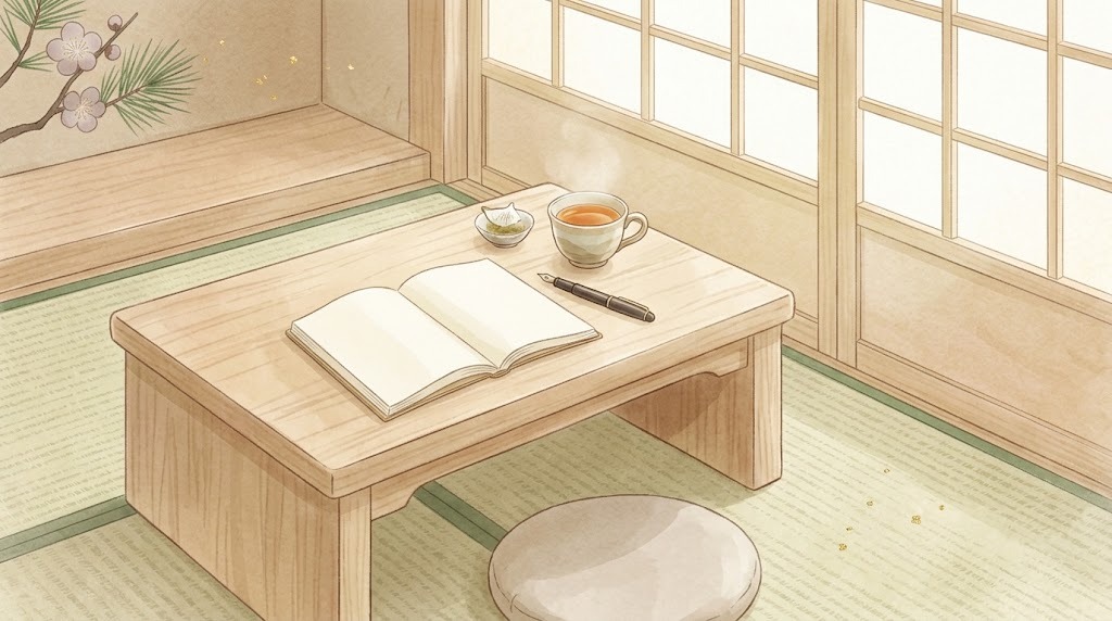 院長日記のイラスト(文机の日記帳と万年筆)