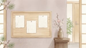お知らせのイラスト（入口の掲示板と梅の枝）