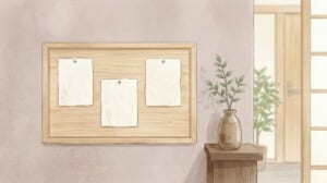 お知らせのイラスト（入口の掲示板と梅の枝）