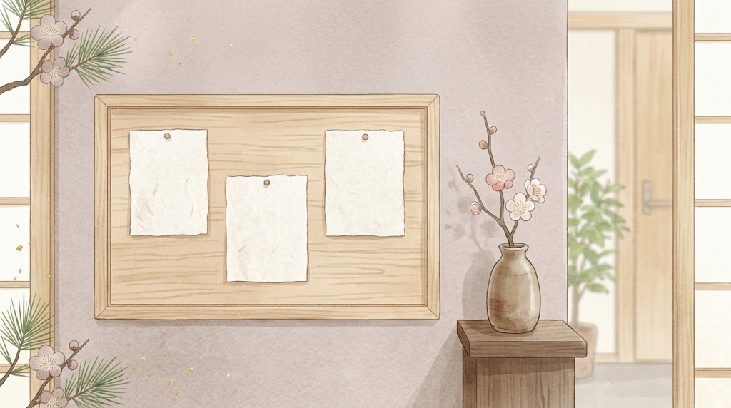 お知らせのイラスト（入口の掲示板と梅の枝）