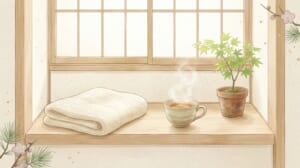 セルフケアのイラスト（窓辺の湯気の立つお茶と毛布）