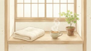 セルフケアのイラスト（窓辺の湯気の立つお茶と毛布）