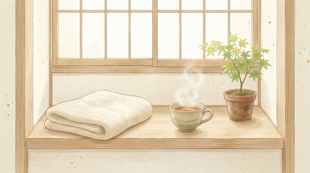 セルフケアのイラスト（窓辺の湯気の立つお茶と毛布）