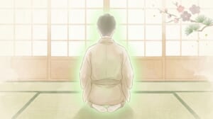 症状解説のイラスト（正座する人の後ろ姿と障子の光）