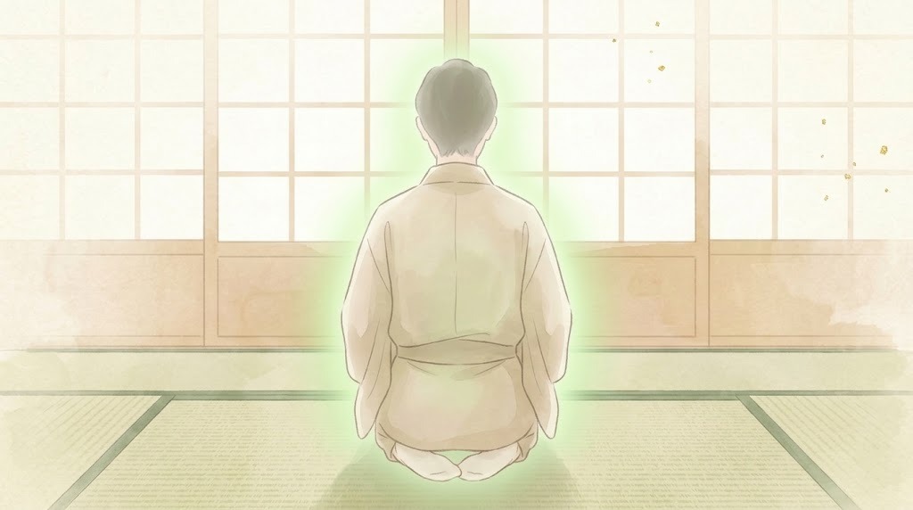 症状解説のイラスト（正座する人の後ろ姿と障子の光）
