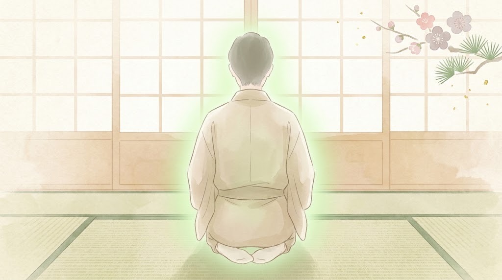 症状解説のイラスト（正座する人の後ろ姿と障子の光）