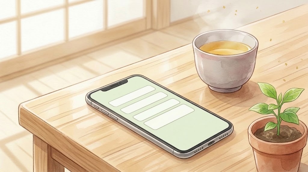ご予約・電子問診票のイメージ(机の上のスマホとお茶)