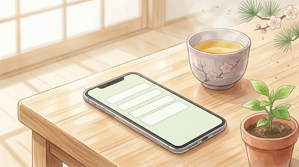 ご予約・電子問診票のイメージ(机の上のスマホとお茶)