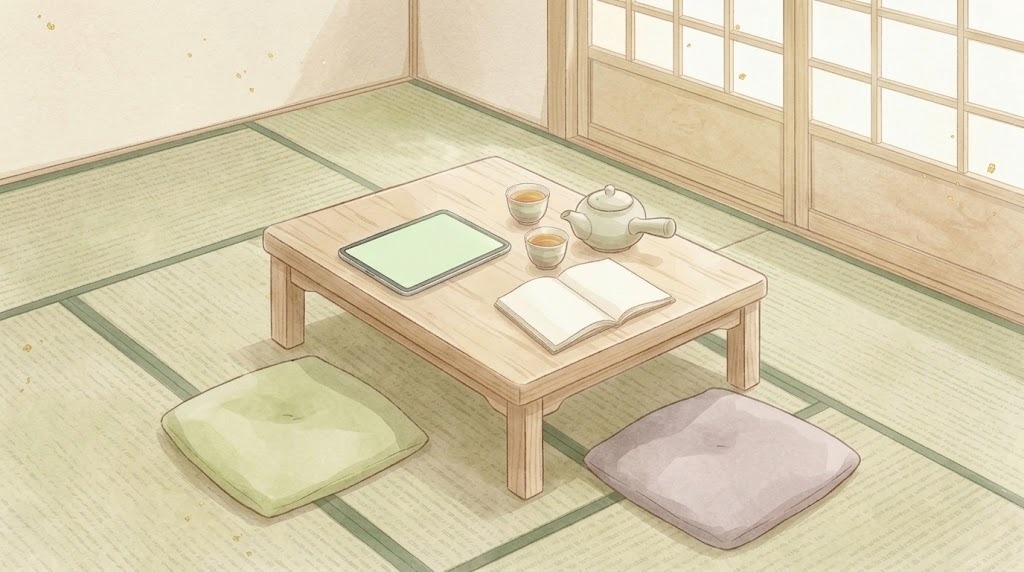 カウンセリングのイメージ(向かい合う座布団とノート)
