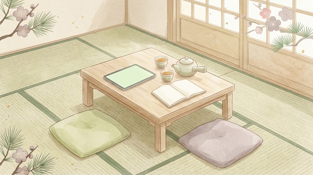 カウンセリングのイメージ(向かい合う座布団とノート)