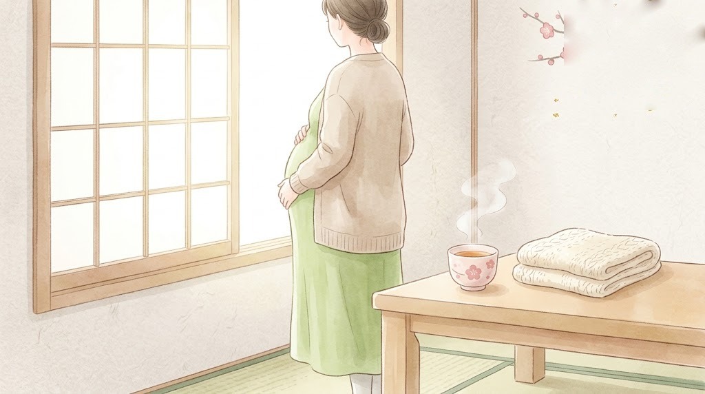 逆子のイメージ(窓辺でお腹に手を添える妊婦さんの後ろ姿)