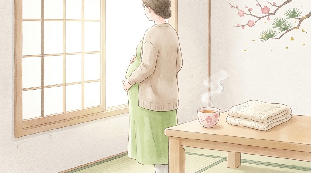 逆子のイメージ(窓辺でお腹に手を添える妊婦さんの後ろ姿)