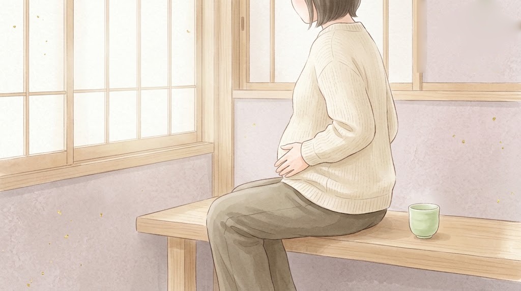 過敏性腸症候群のイメージ(窓辺に座りお腹に手を当てる後ろ姿)