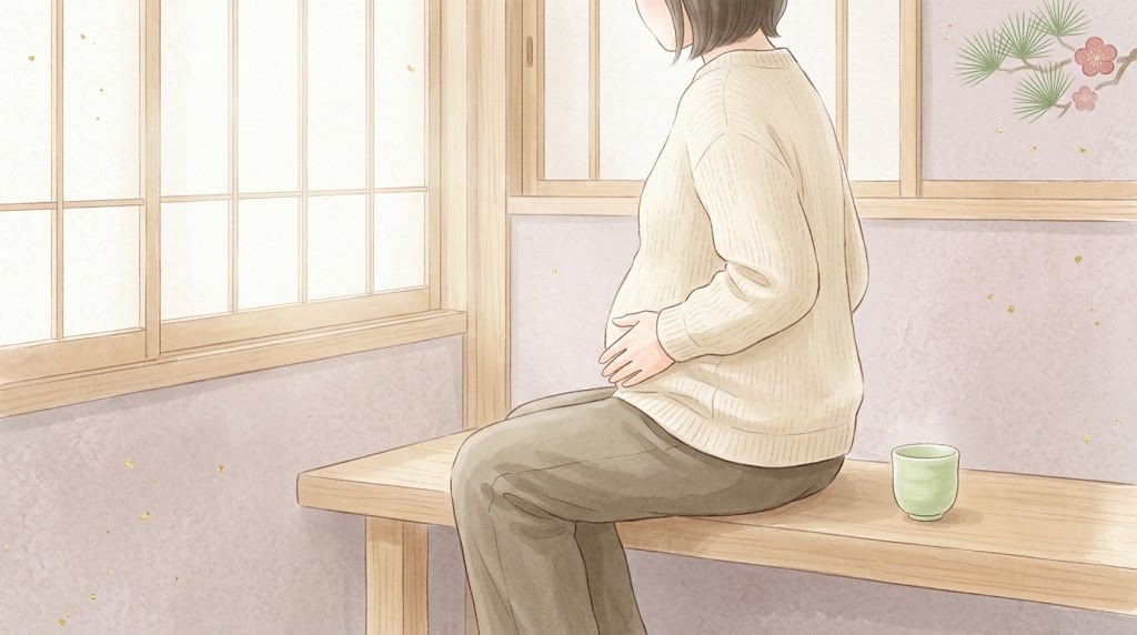 過敏性腸症候群のイメージ(窓辺に座りお腹に手を当てる後ろ姿)