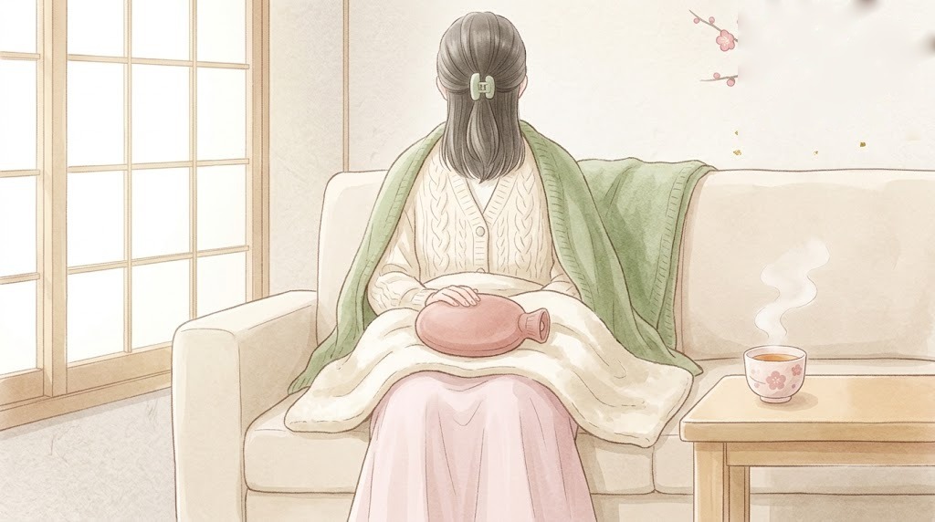 生理痛・PMSのイメージ(ソファで毛布と湯たんぽにくるまる後ろ姿)