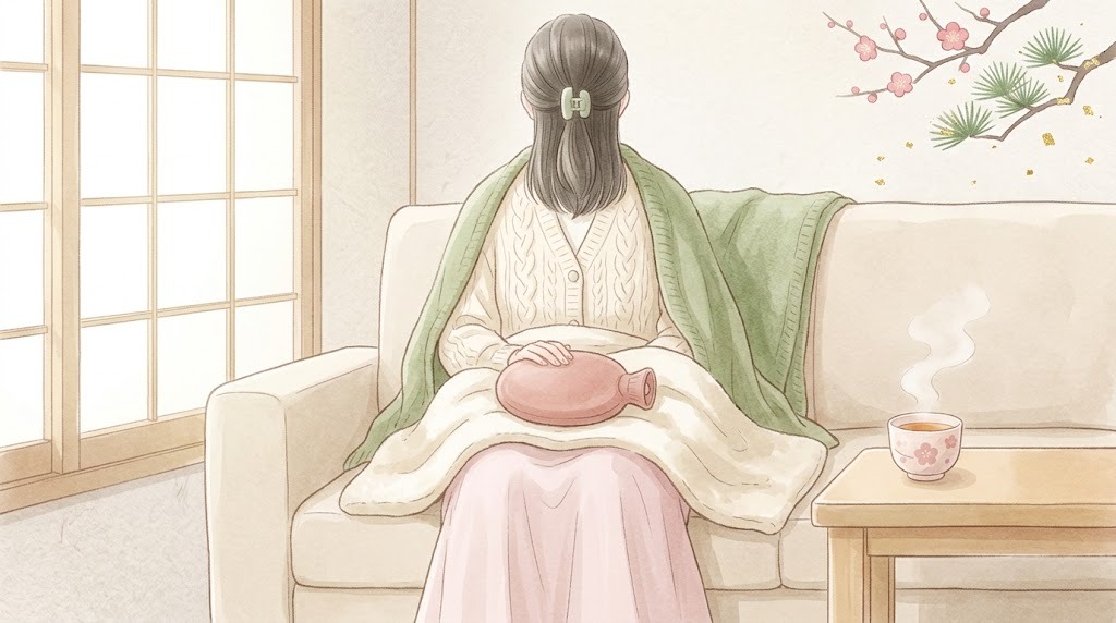 生理痛・PMSのイメージ（ソファで毛布と湯たんぽにくるまる後ろ姿）