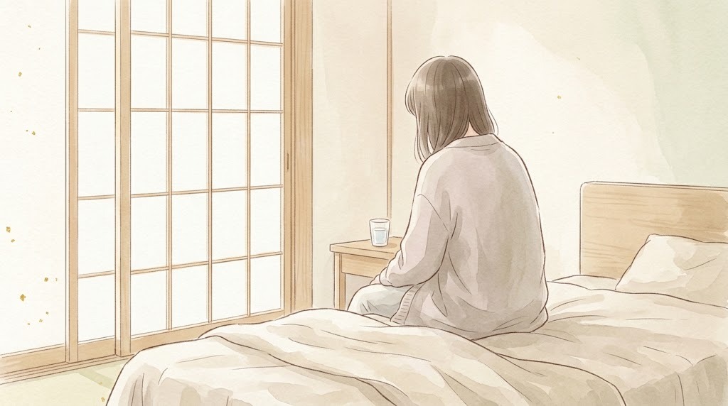 朝からつらい日のイメージ(ベッドの端に座る後ろ姿)