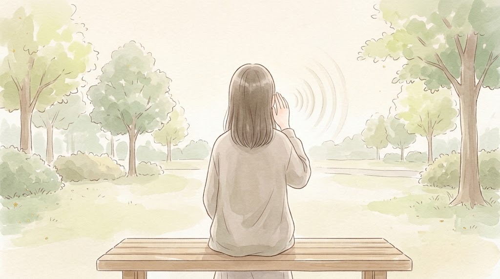 耳のつらさのイメージ(公園のベンチで耳に手を添える後ろ姿)