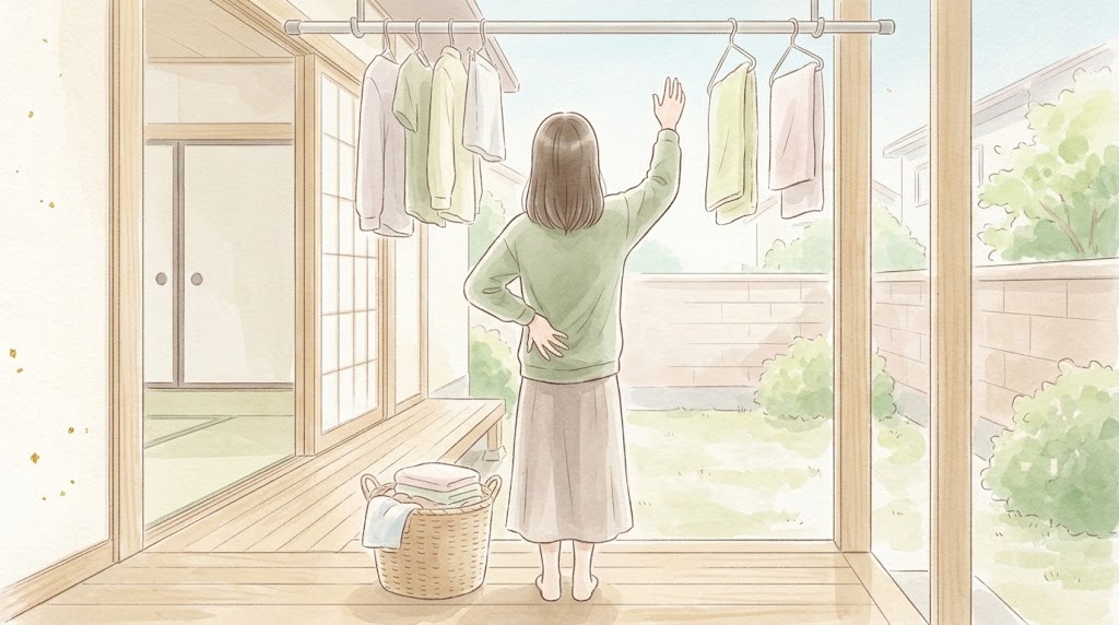 腰の痛みのイメージ(洗濯物を干す途中で腰に手を当てる後ろ姿)
