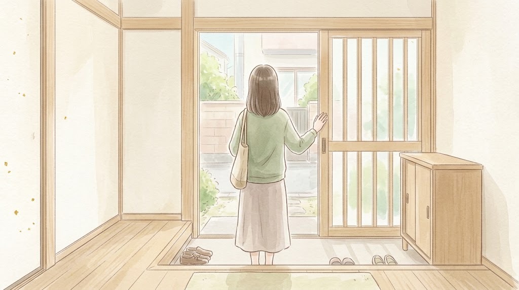 出かける前の不安のイメージ(玄関で戸に手をかける後ろ姿)