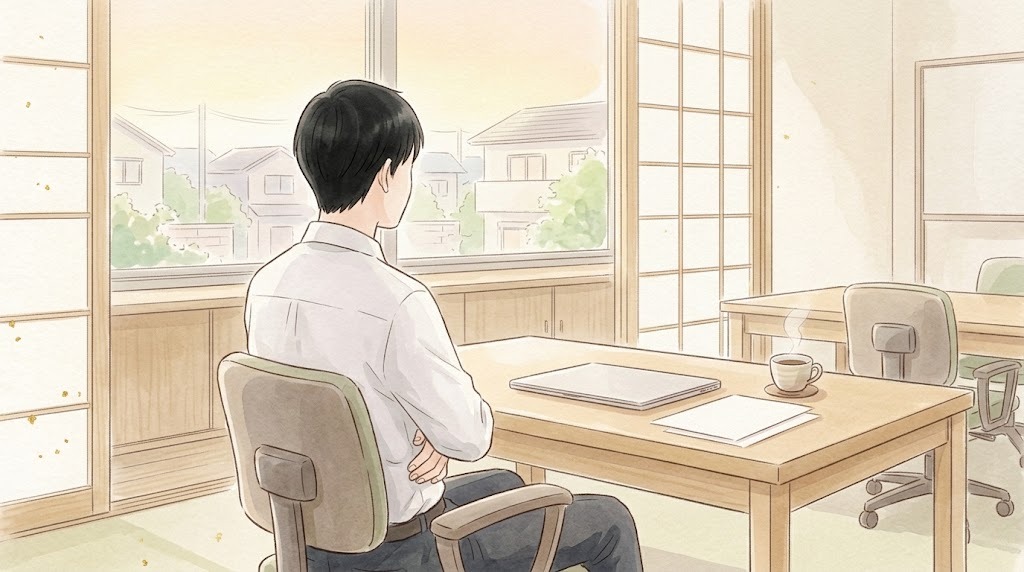 胃の不調を抱えて働く男性のイメージ(オフィスの机でお腹に手を添える後ろ姿)