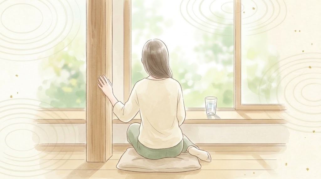 めまいでお悩みの方のイメージ(窓辺で柱に手を添えて座る後ろ姿)