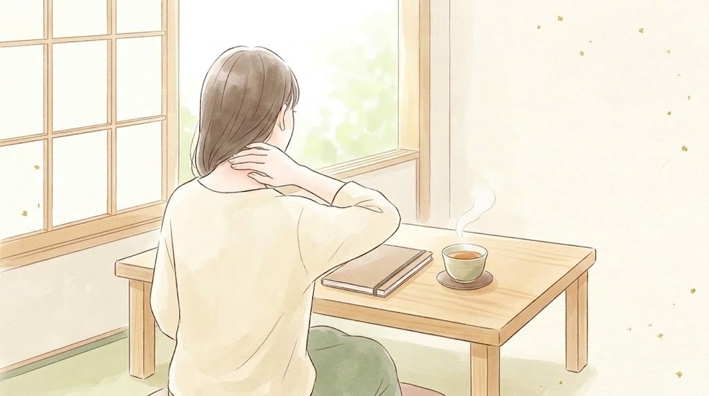 頭痛・片頭痛でお悩みの方のイメージ(机で首の後ろに手を当てる後ろ姿)
