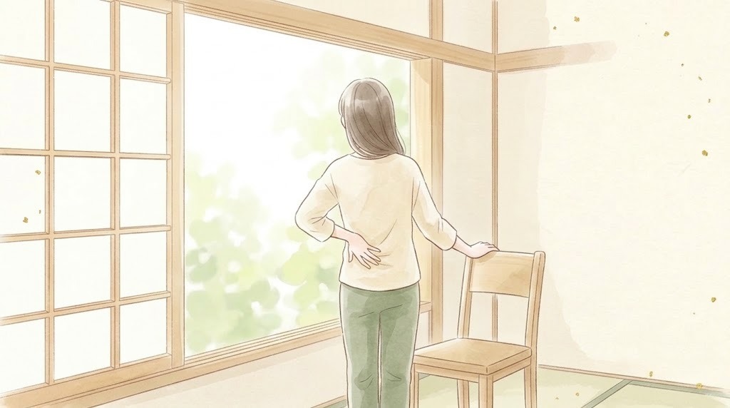 腰痛・ぎっくり腰でお悩みの方のイメージ(腰に手を当てて立つ後ろ姿)