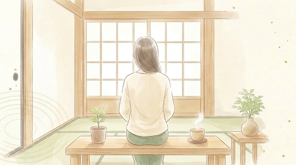 パニック障害・不安障害でお悩みの方のイメージ(明るい部屋で深呼吸する後ろ姿)