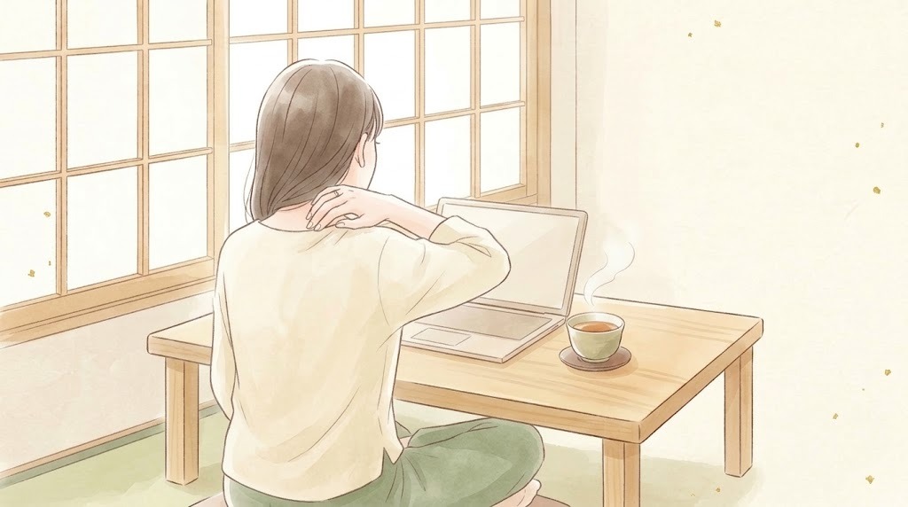 肩こり・首こりでお悩みの方のイメージ(パソコンの前で肩を揉む後ろ姿)
